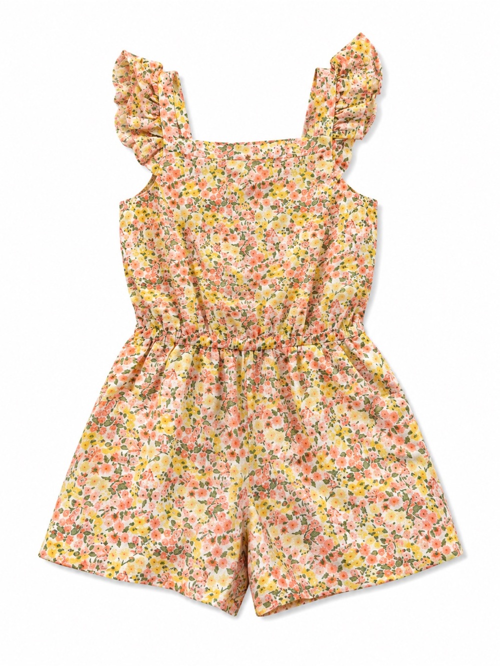 Janie and Jack Girls Floral Ruffle Romper Size 8 Coral Yellow Spring Summer